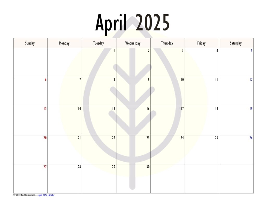 Alabaster Color April 2025 Calendar