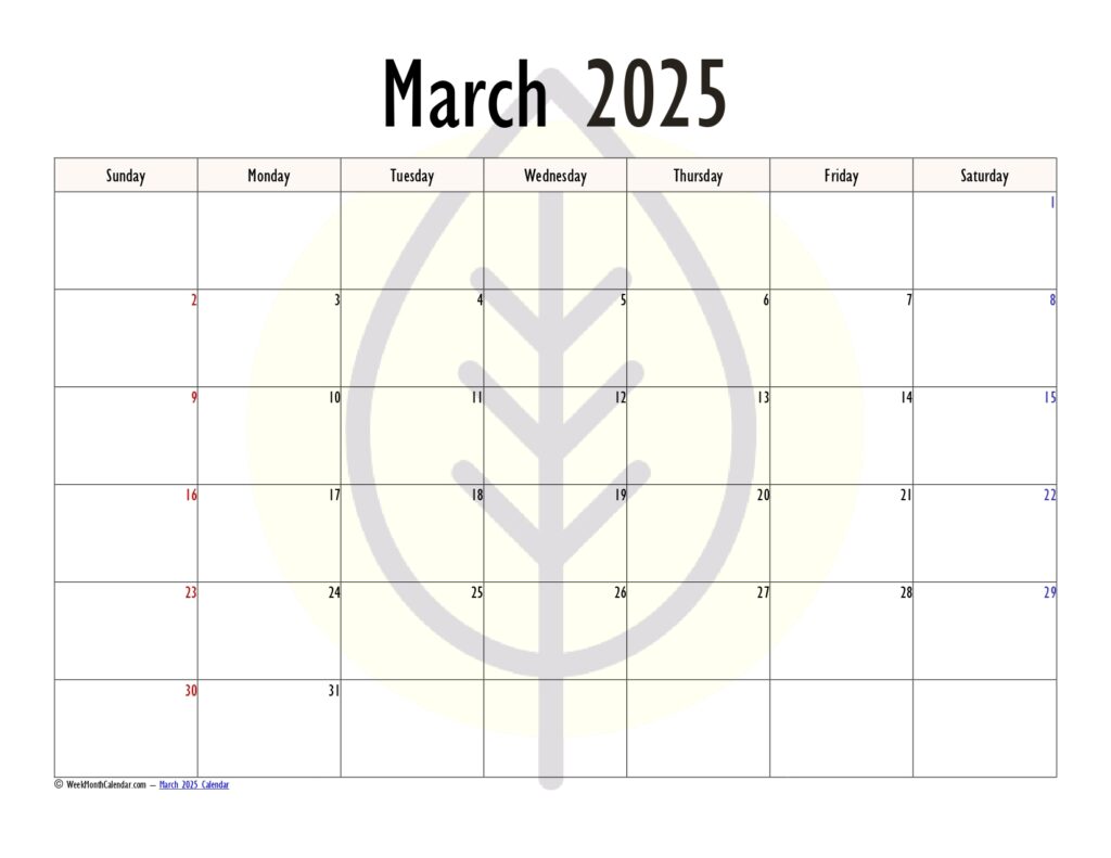 Alabaster Color March 2025 Calendar