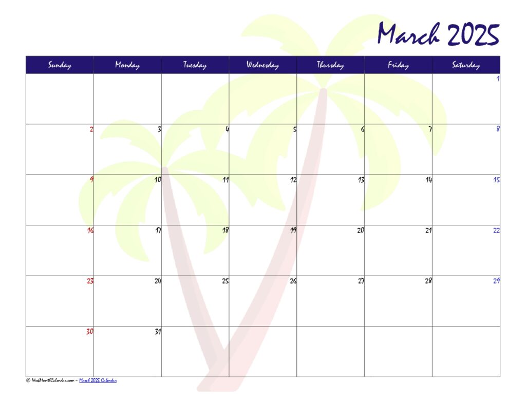 BLUEBERRY Color March 2025 Calendar Printable PDF