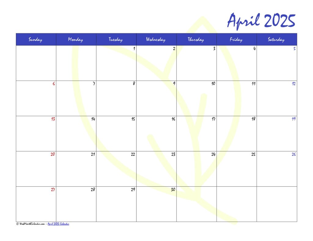 Blue Color April 2025 Calendar Printable PDF