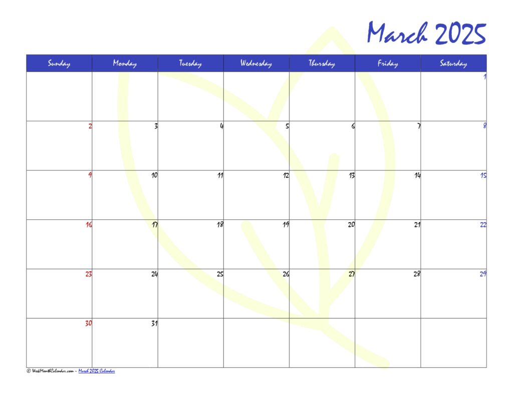 Blue Color March 2025 Calendar Printable