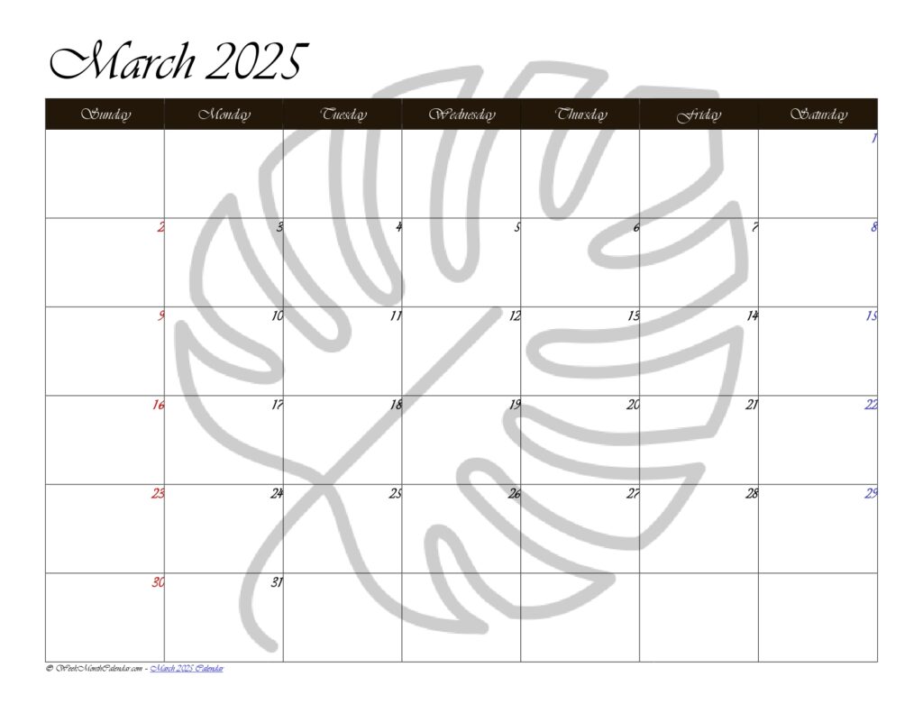 Brown Color March 2025 Calendar with Holidays