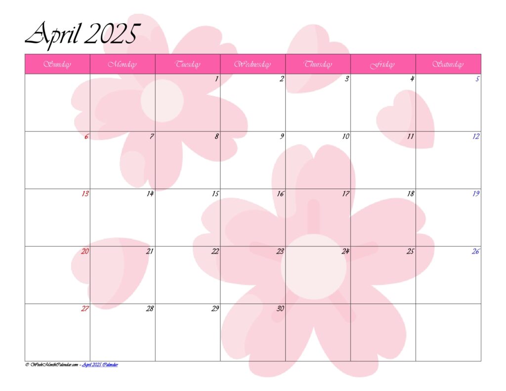 Bubblegum Color April 2025 Calendar with Holidays