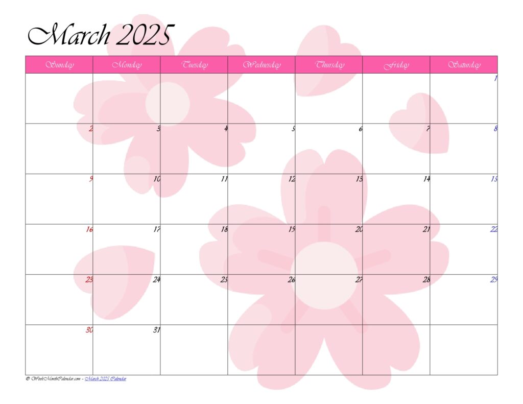 Bubblegum Color March 2025 Calendar Template