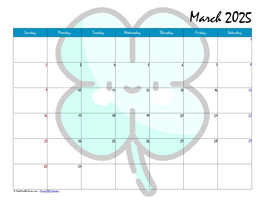 CERULEAN Color March 2025 Calendar Printable PDF