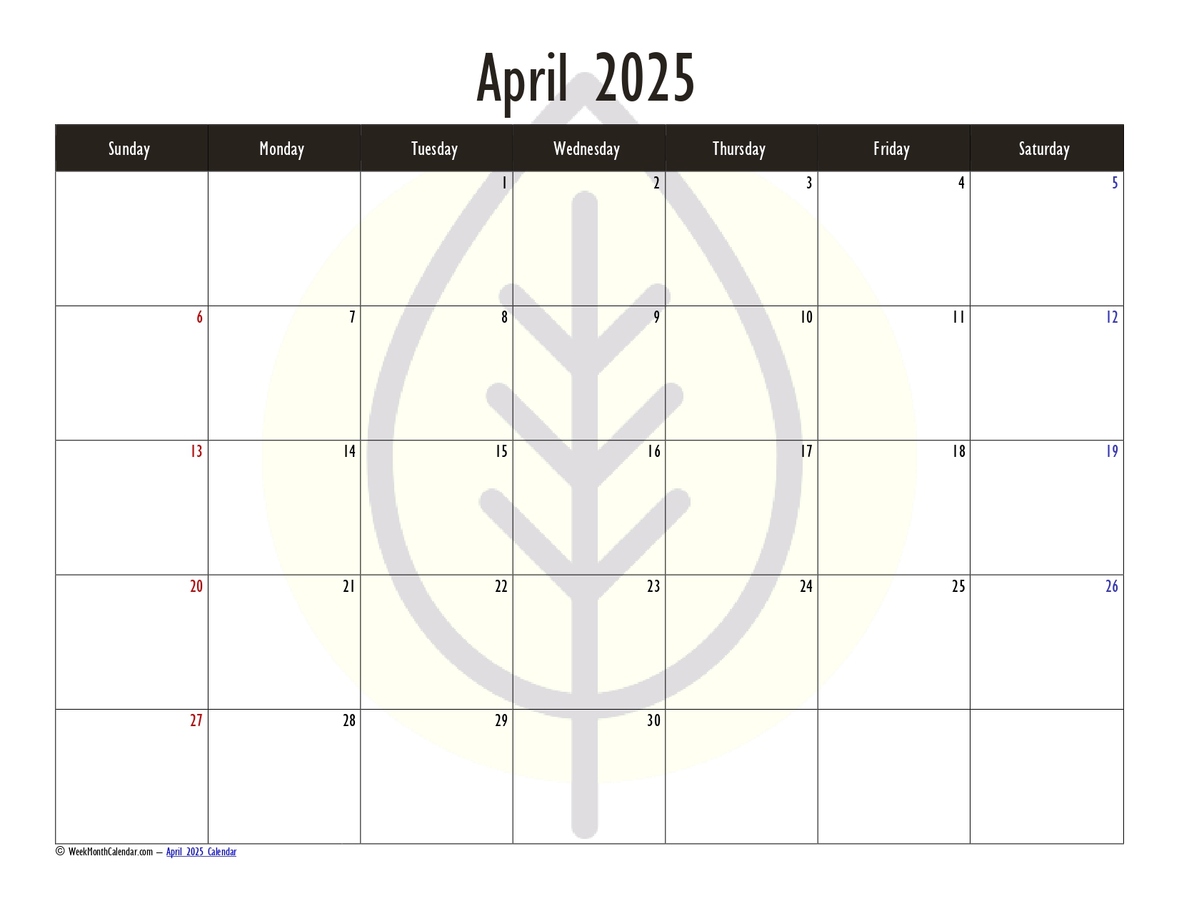 Charcoal Color April 2025 Calendar Printable PDF