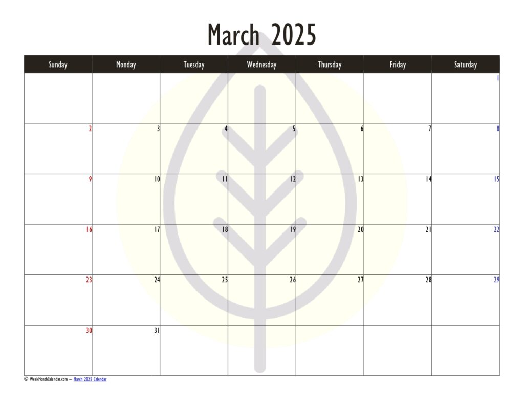 Charcoal Color March 2025 Calendar Printable PDF