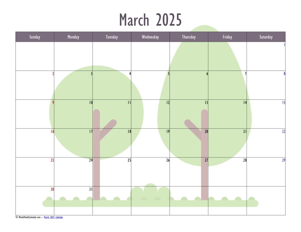 Dove Color March 2025 Calendar Printable PDF