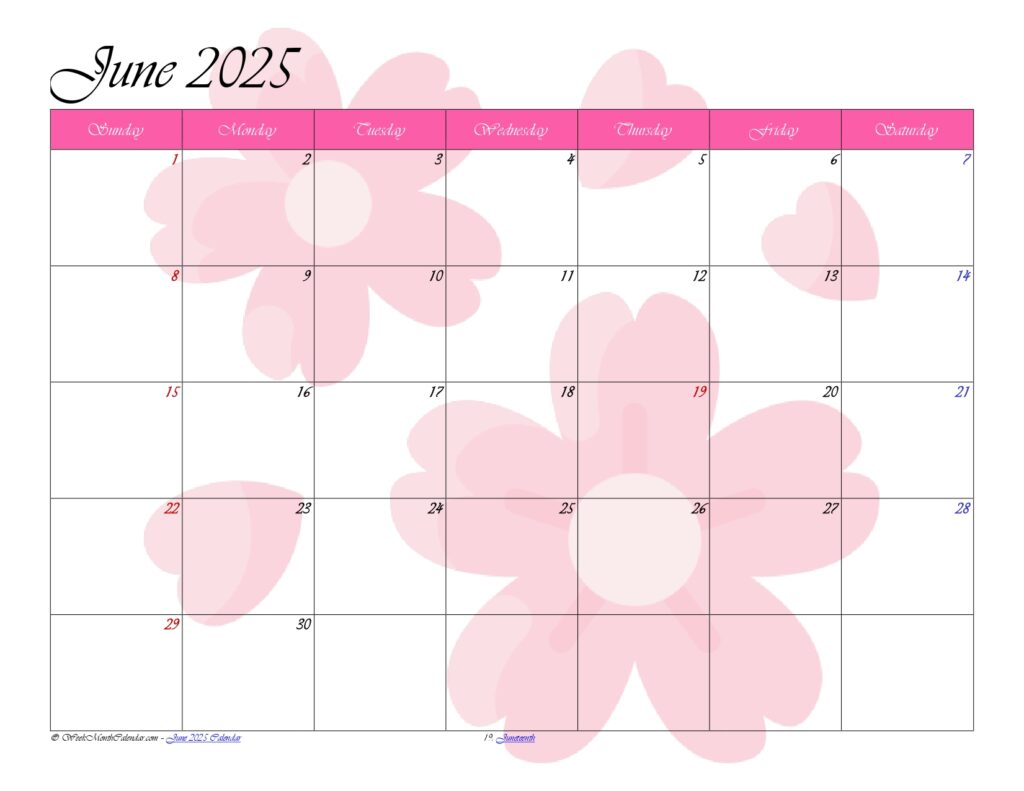 Bubblegum Color June 2025 Calendar Templates