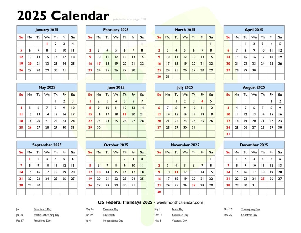 2025 Calendar Printable One Page PDF