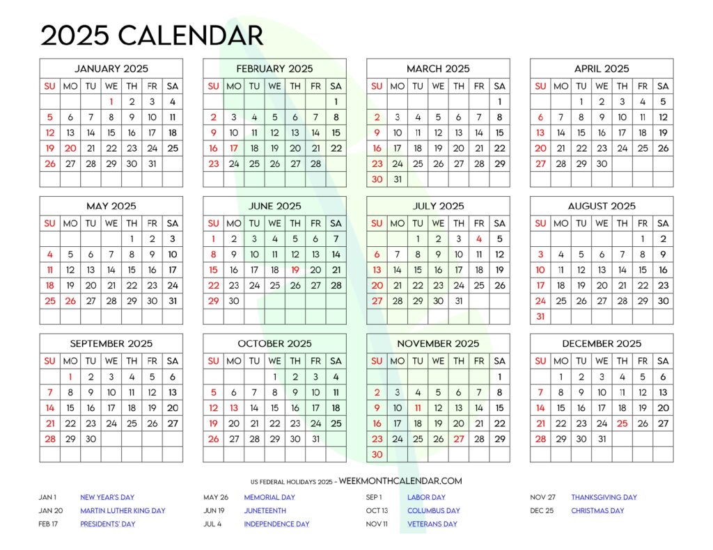 2025 Calendar Printable One Page with Holidays
