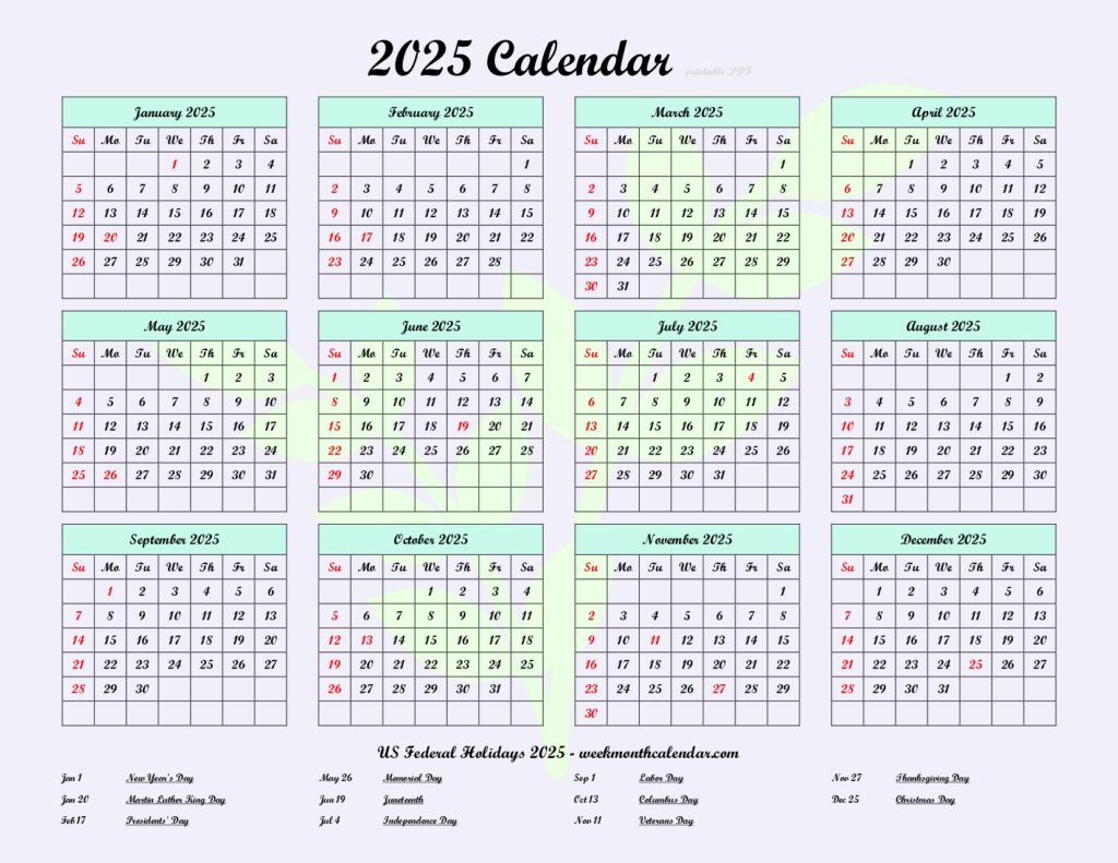 2025 Calendar Printable PDF