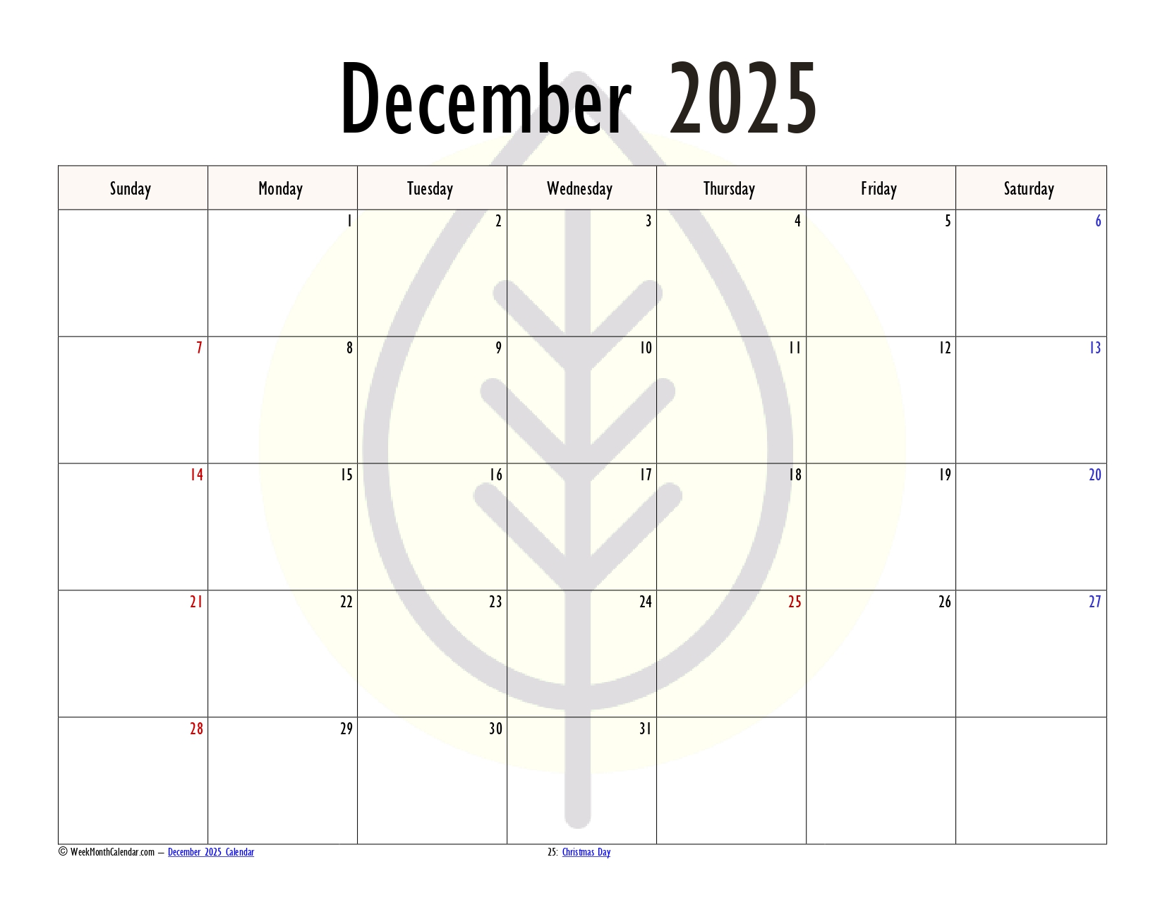 Alabaster Color December 2025 Calendar