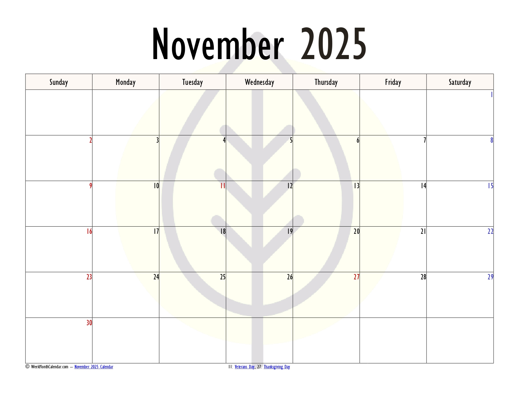 Alabaster Color November 2025 Calendar Printable