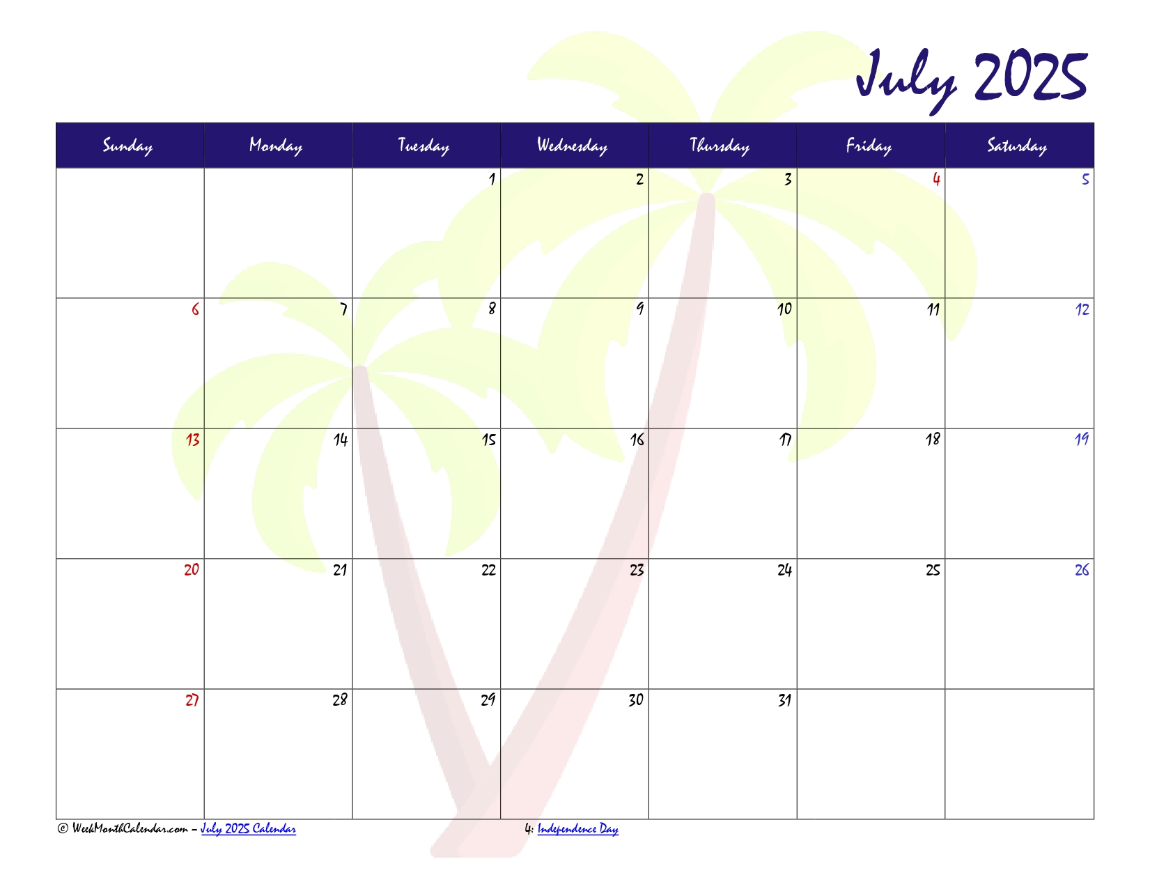 BLUEBERRY Color July 2025 Calendar Printable PDF