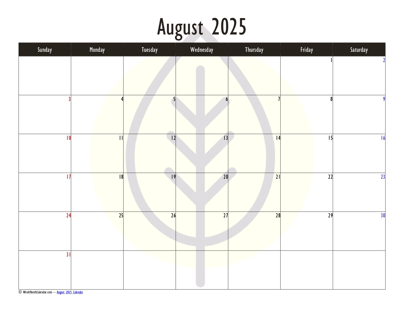 Charcoal Color August 2025 Calendar Printable PDF