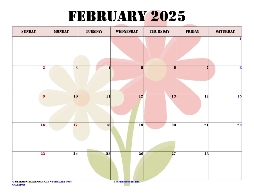 Floral February 2025 Calendar Printable