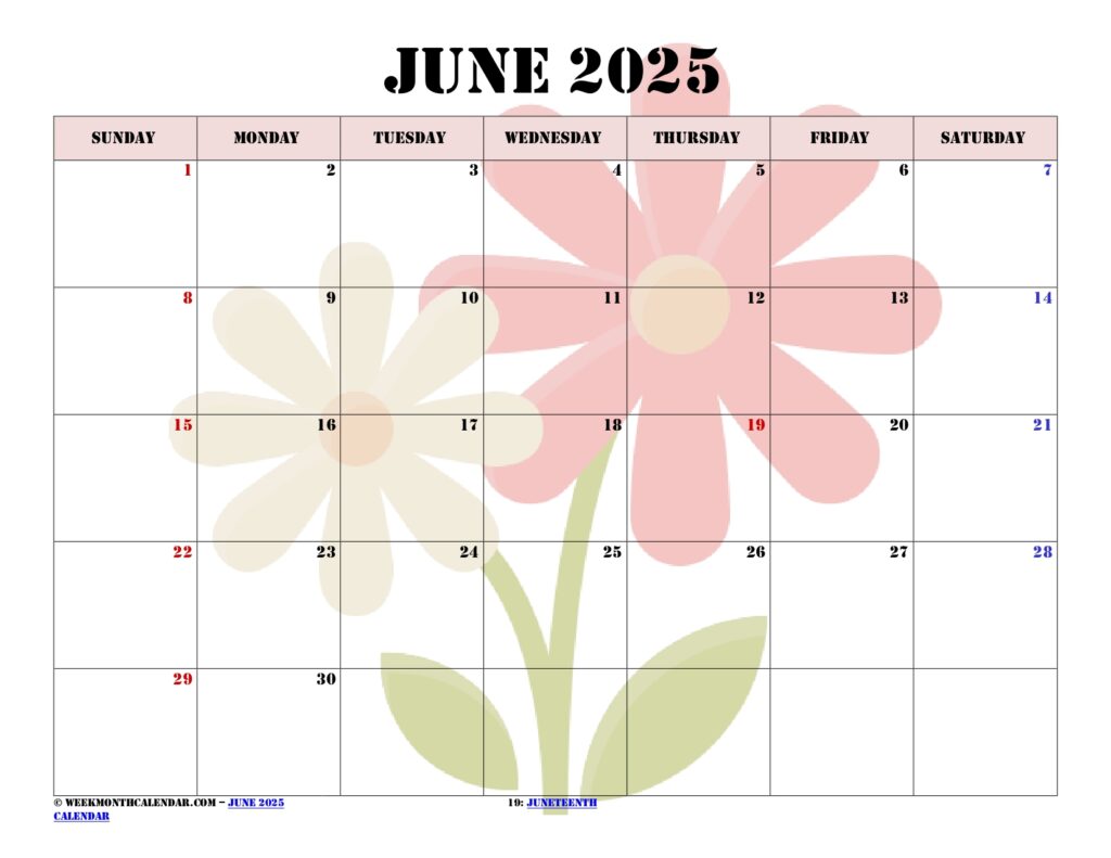 Floral June 2025 Calendar Printable