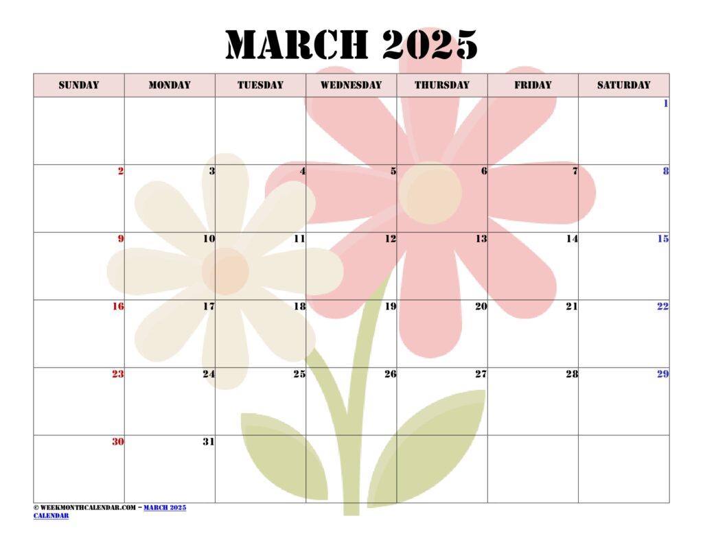 Floral March 2025 Calendar Printable