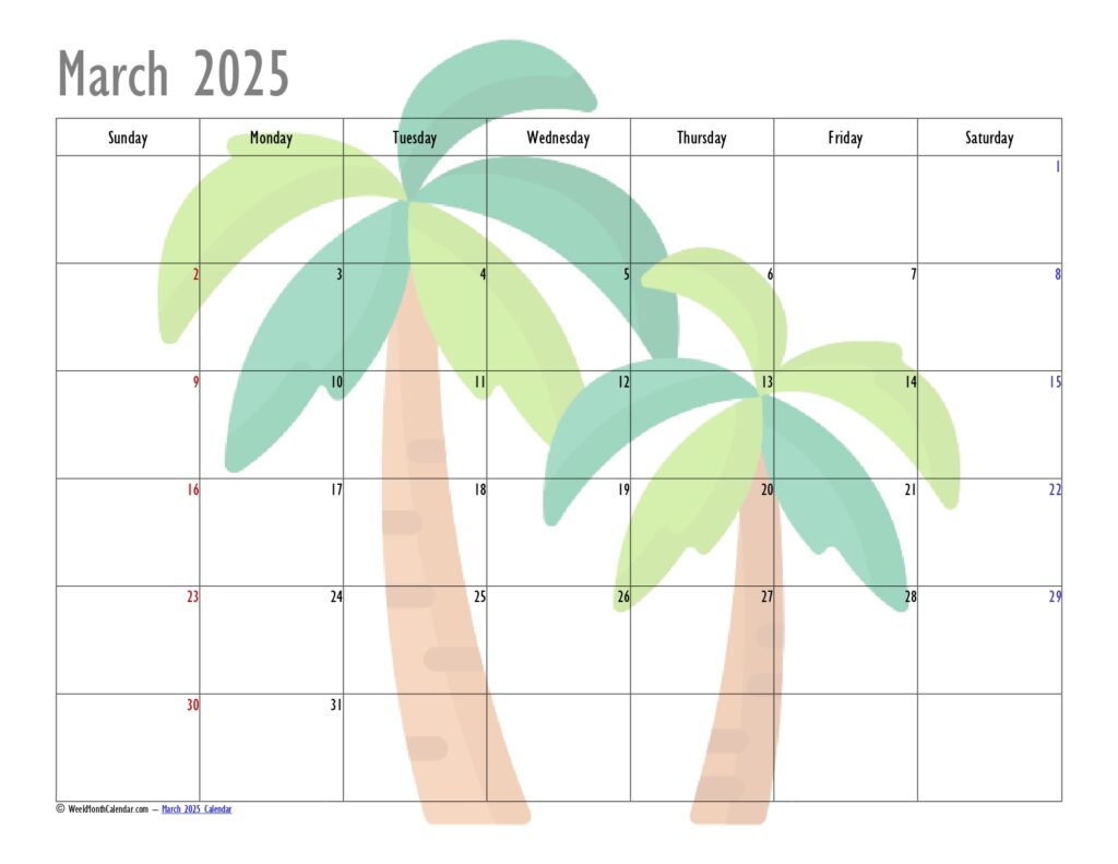 March 2025 Calendar Coconut Tree Design