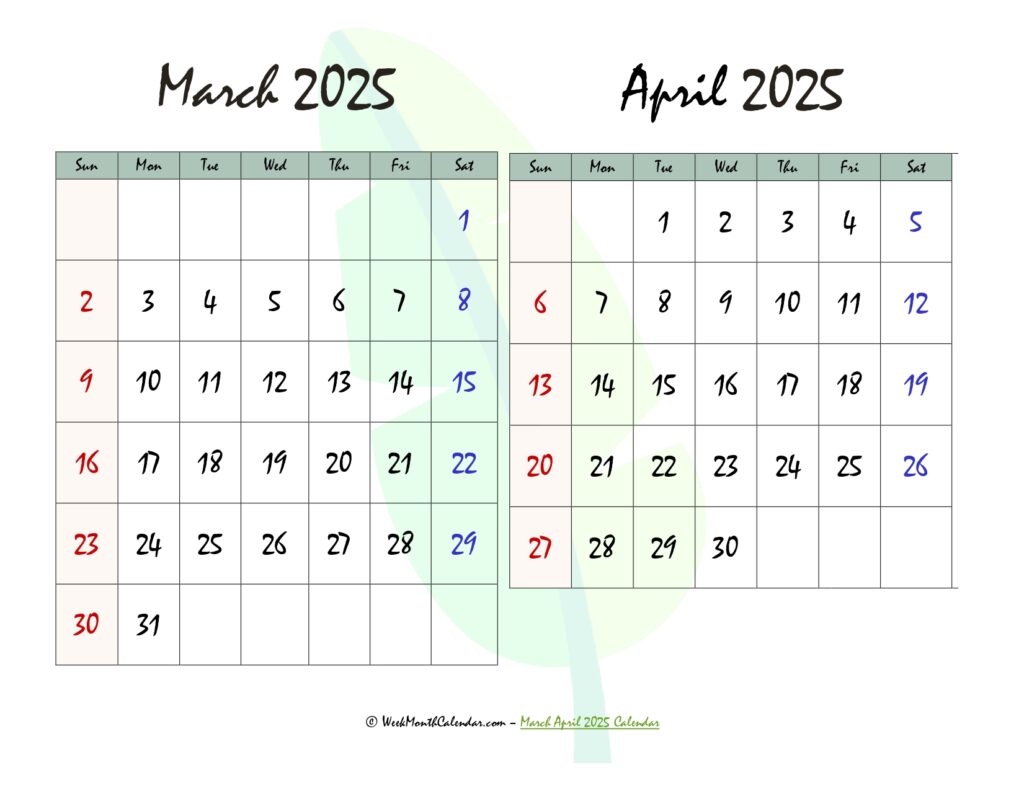 March April 2025 Calendar PDF