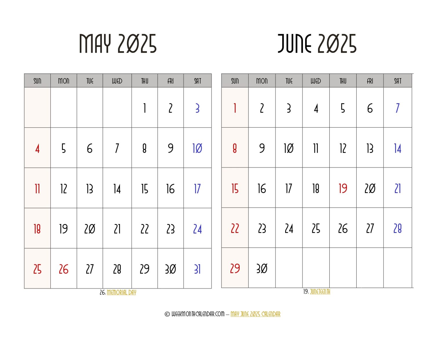 May June 2025 Calendar - 2 Month Calendar Printable