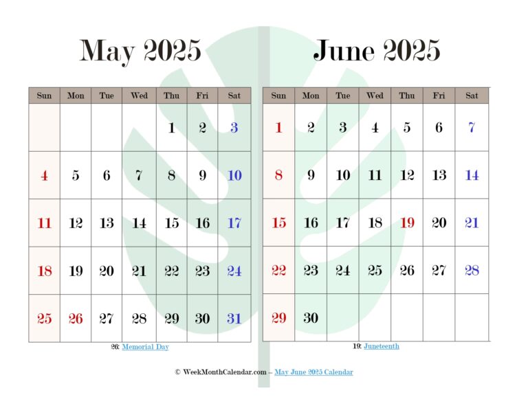 May June 2025 Calendar - 2 Month Calendar Printable